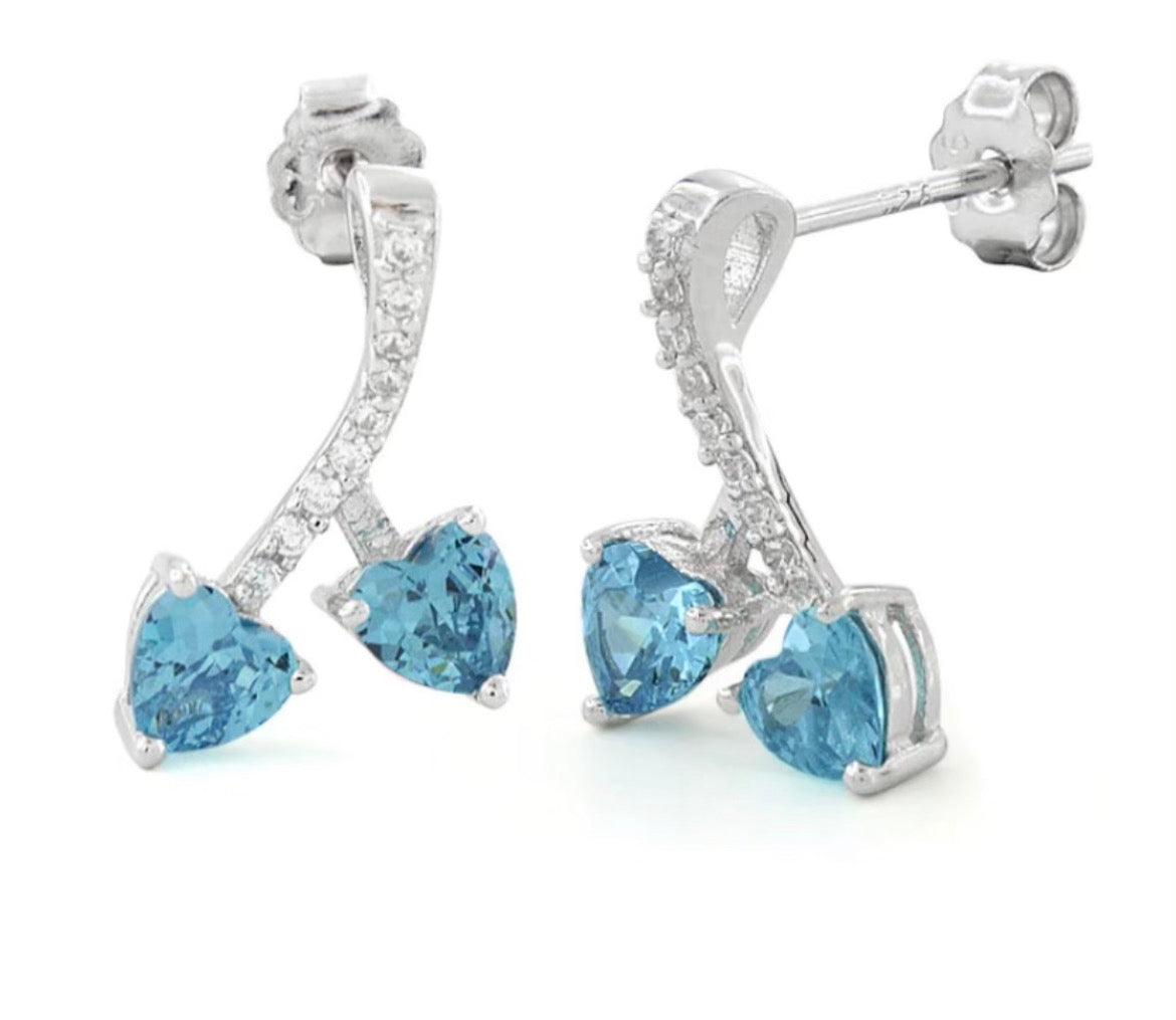 Sterling Silver Cherry Hearts Blue Topaz CZ Earrings