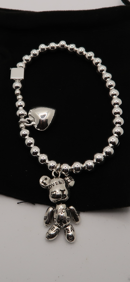 Peace and Love Teddy Bear Thai Silver Bracelet