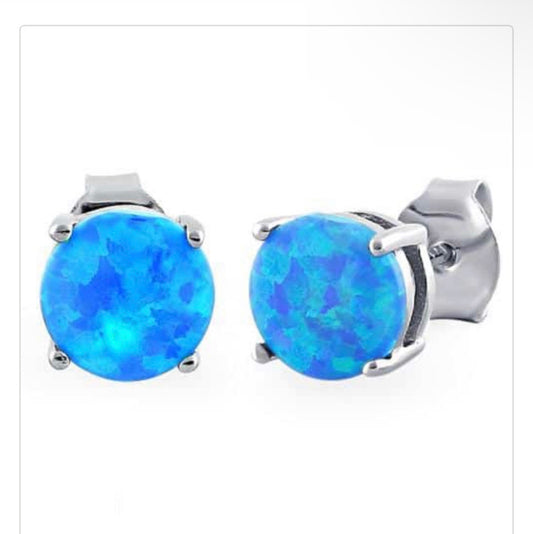 Sterling Silver Round Opal Stud CZ Earrings